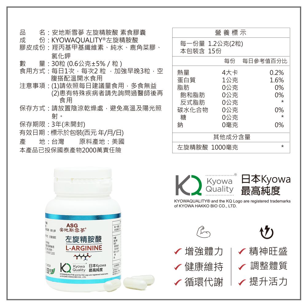 品 名:安地斯蔘 左旋精胺酸 素食膠囊成份:KYOAQUALITY®左旋精胺酸膠皮成份:羥丙基甲基纖維素、純水、鹿角菜膠、鉀營養標示每一份量12公克(2粒)本包裝含 15份數量:0粒(06公克±5%/粒)每份每參考值百分比食用方式:每日1次每次2粒加強早晚3粒腹搭配溫開水食用熱量4大卡0.2%蛋白質1公克1.6%注意事項:(1)請依照每日建議量食用,多食無益脂肪0公克0%(2)患有特殊疾病者請先詢問過醫師後再食用飽和脂肪0公克0%反式脂肪0公克保存方式:請放置陰涼乾燥處,避免高溫及陽光照射。碳水化合物0公克0%糖0公克保存期限:3年(未開封)鈉0毫克0%有效日期:標示於包裝(西元年//日)產其他成分含量原料產地:美國地:台灣本產品已投保國泰產物2000萬責任險左旋精胺酸 1000毫克*ASG氯化 安地斯雪左旋精胺酸W食用L-ARGININEKyowa KyowaQuality 最高純度®  the  Logo   rks    ., .3月日Kyowa KyowaQuality 最高純度KYOWAQUALITY and the KQ  are registered trademaof KYOWA HAKKO BIO CO., LTD.增強體力健康維持√ 循環代謝精神旺盛調整體質√ 提升活力