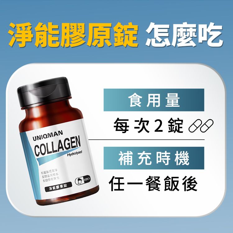 淨能膠原 怎麼吃UNIQMANCOLLAGEN長效淨能膠原錠Hydrolyzed食用量每次2錠補充時機任一餐飯後