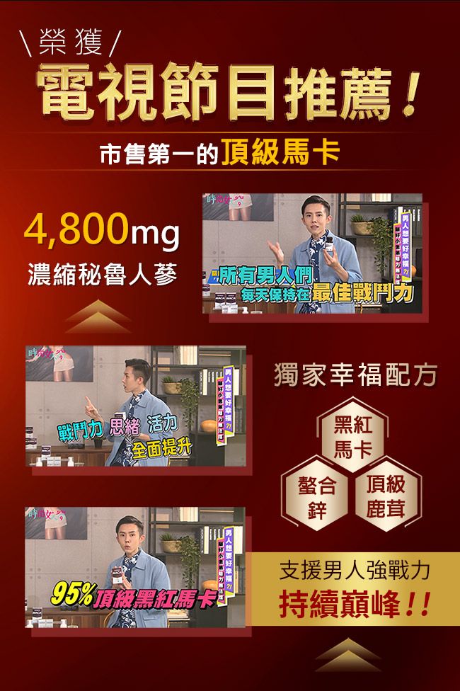 榮獲/電視節目推薦!市售第一的頂級4,800mg濃縮秘魯人蔘 每天保持在最佳 獨家配方戰鬥力 思緒活力黑紅全面提升幸福  95%頂級黑紅馬卡馬卡螯合 頂級鋅 鹿茸支援男人強戰力持續巔峰!!