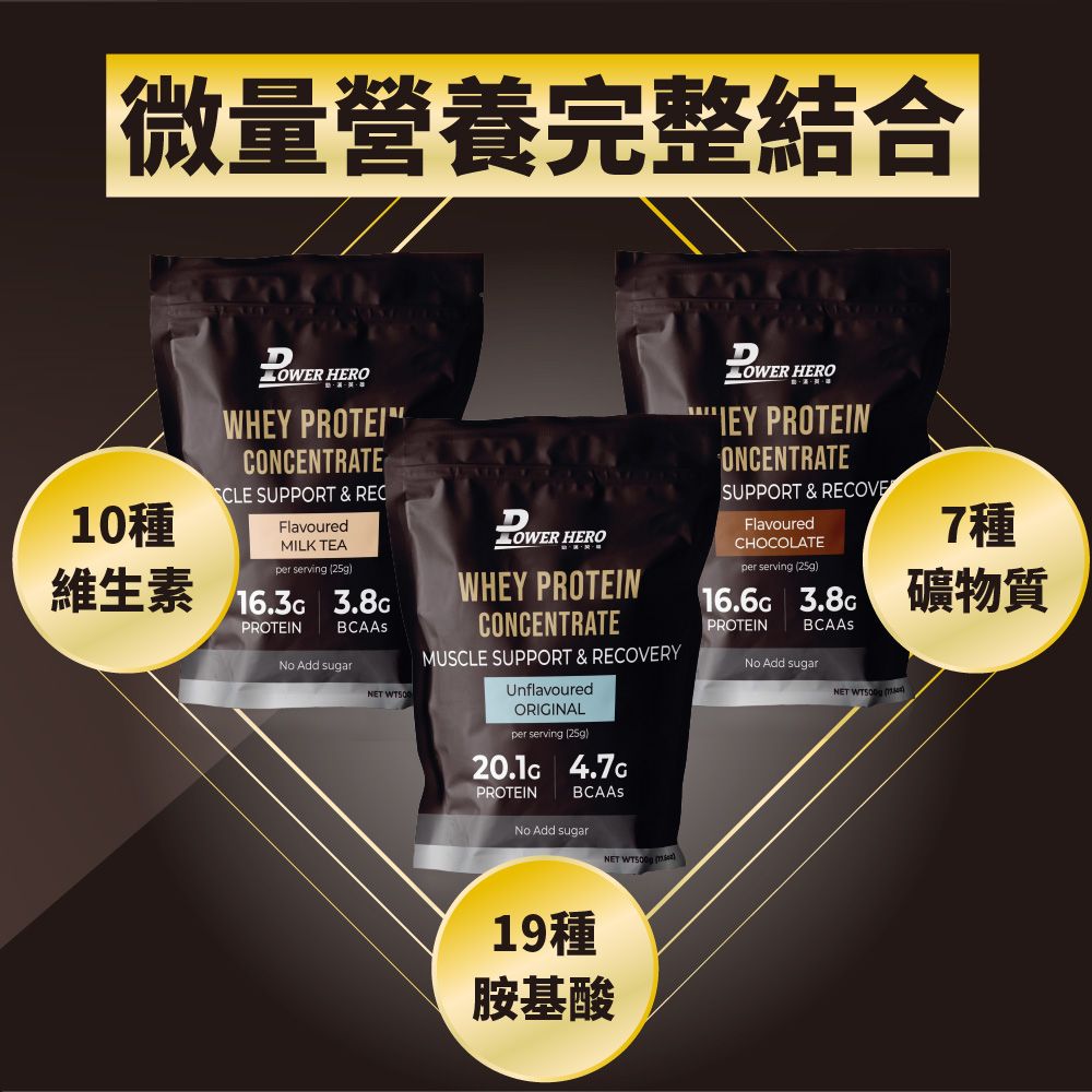 PowerHero 勁漢英雄 運動濃縮乳清蛋白粉x3入 (500g/入香醇奶茶)