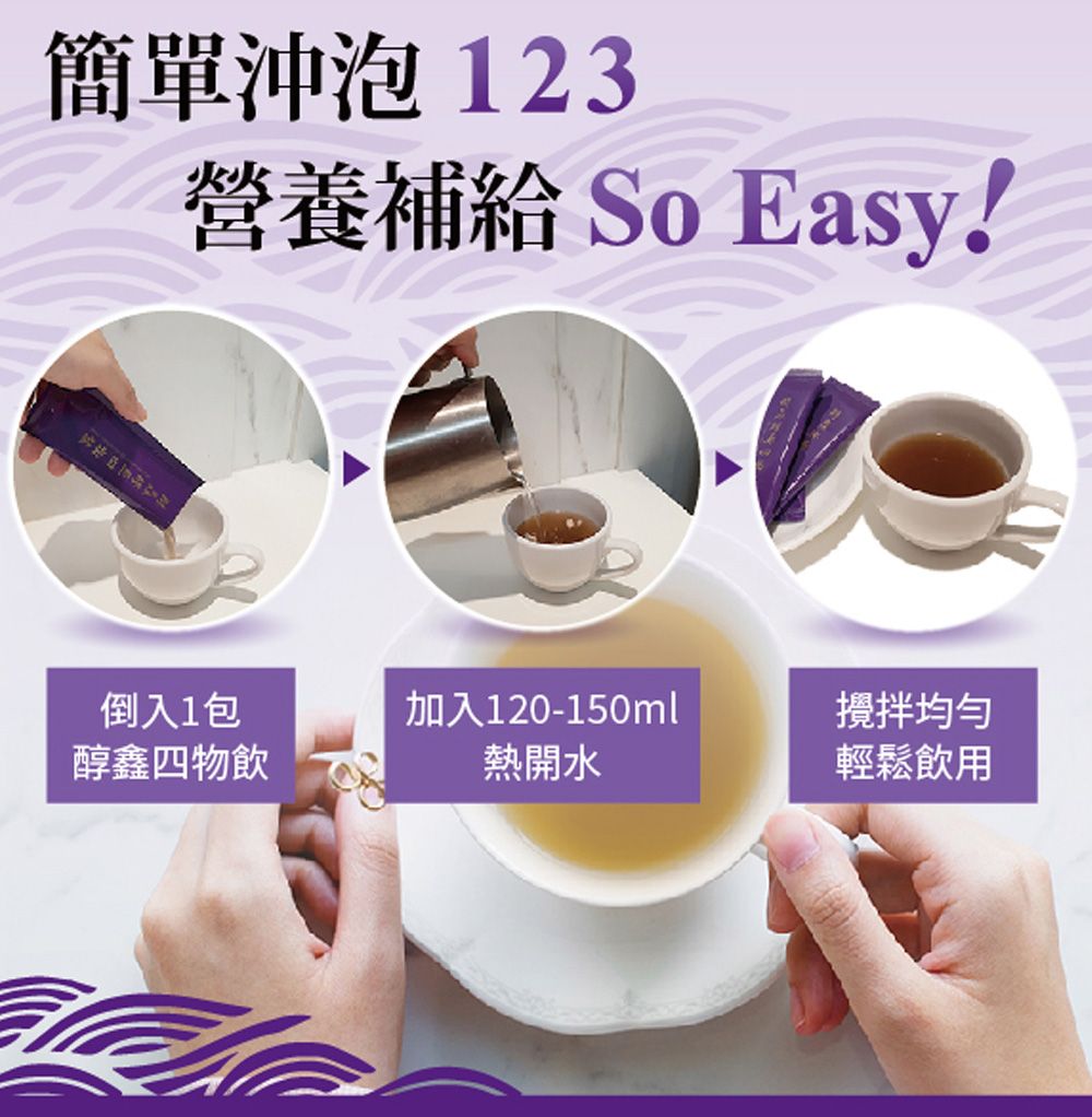 簡單沖泡 123營養補給 So Easy!倒入1包醇鑫四物飲加入120-150ml攪拌均勻熱開水輕鬆飲用