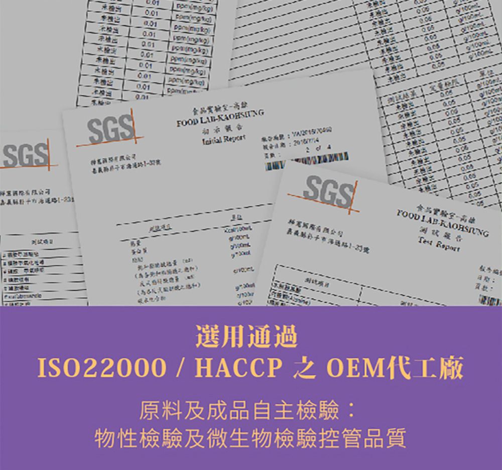 0.010.010.010.010.01SGSSGS 食品  號 食品FOOD Test 選用通過ISO22000/HACCP之 OEM代工廠原料及成品自主檢驗物性檢驗及微生物檢驗控管品質頁數: