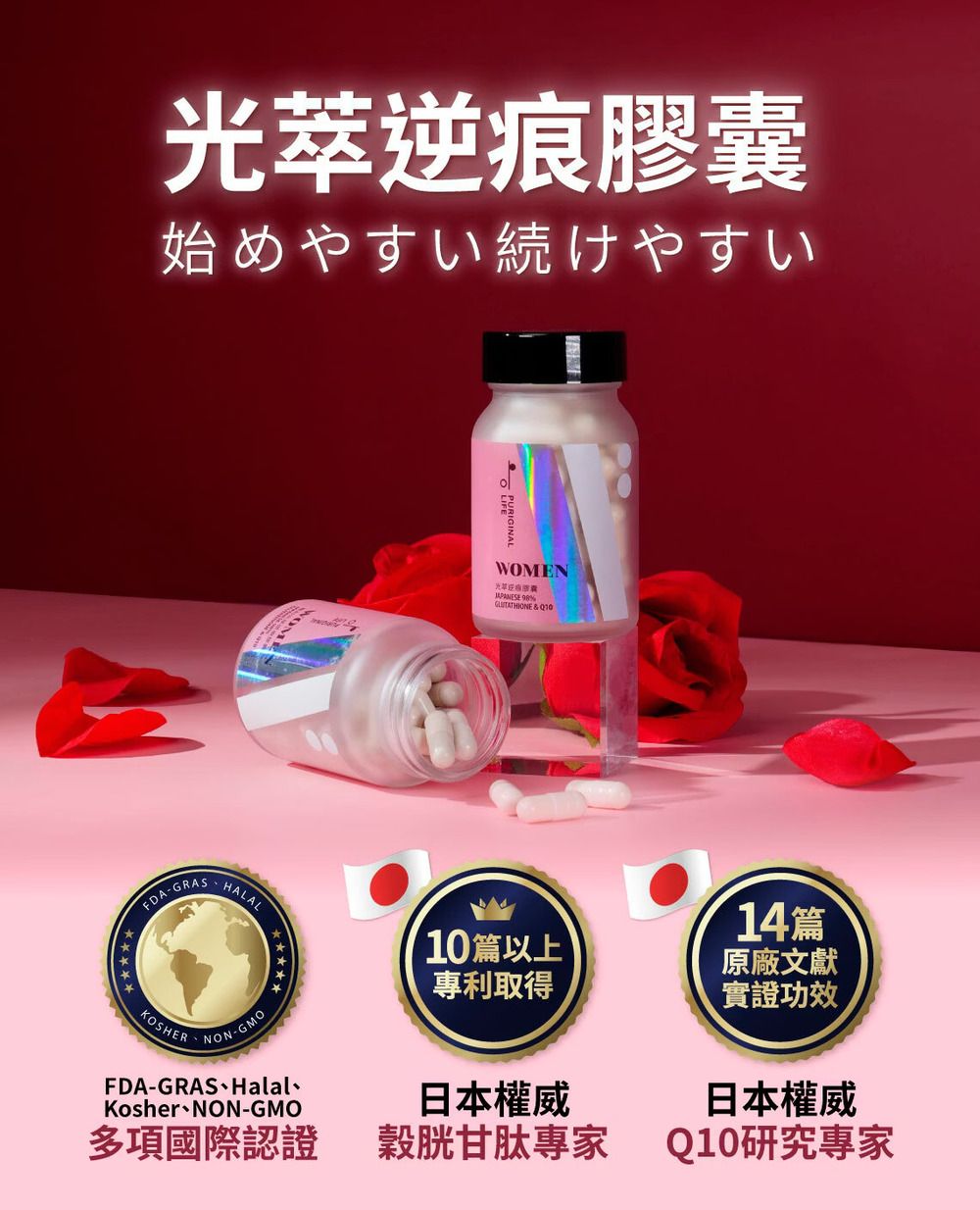 痕膠始めやすい続けやすいWOMEN光逆囊  & FDA-GRASKOSHERNON-GMOFDA-GRASHalalKosher、NON-GMO多項國際認證10篇以上專利取得日本權威穀胱甘肽專家14篇原廠文獻實證功效日本權威Q10研究專家