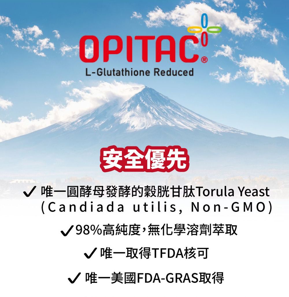 OPITACL-Glutathione Reduced安全優先√ 唯一圓酵母發酵的穀胱甘肽Torula Yeast(Candiada utilis, Non-GMO)%高純度,無化學溶劑萃取√ 唯一取得TFDA核可√ 唯一美國FDA-GRAS取得