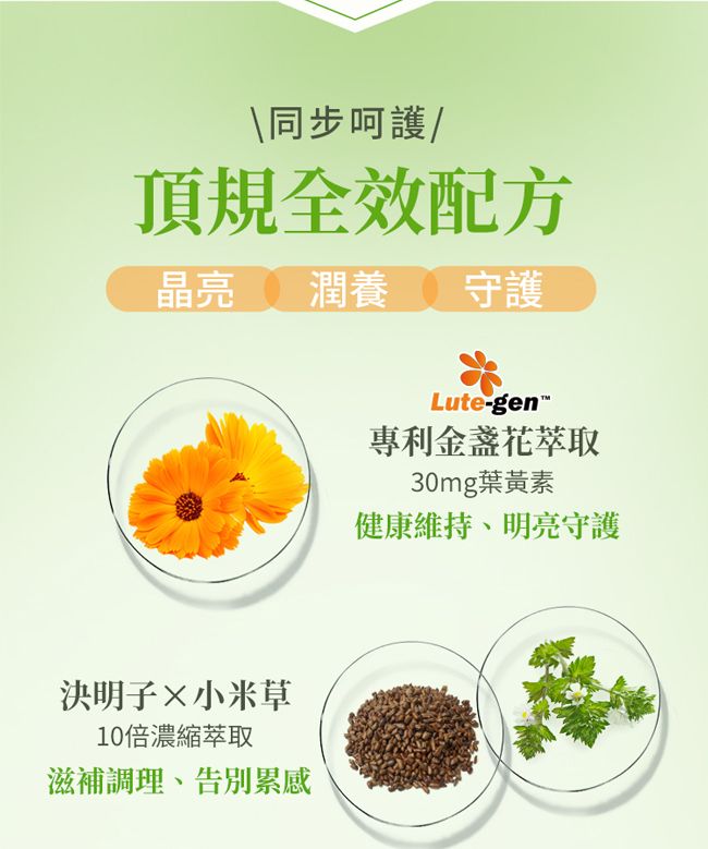 \同步呵護/頂規全效配方晶亮 潤養 守護決明子小米草10倍濃縮滋補調理、告別累感Lute-gen專利金盞花萃取30mg葉黃素健康維持、明亮守護