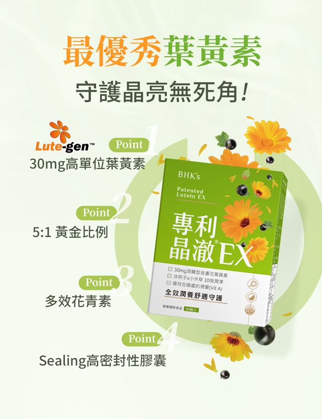 最優秀葉黃素守護晶亮無死角!Lute-gen Point30mg高單位葉黃素BHKsPatentedLutein EXPoint5:1 黃比例Point多效花青素專利晶澈EX 30mg游金花黃素 明子x小米草10潤澤 在的視覺(Vit A)全效潤舒適守護營養食品 PointSealing高密封性膠囊