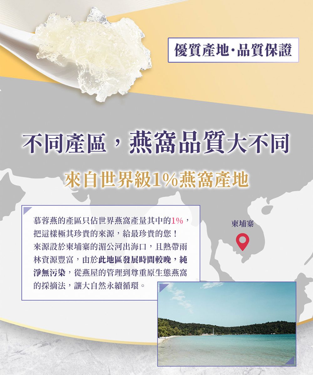 優質產地·品質保證不同產區,燕窩品質大不同來自世界級1%燕窩產地慕蓉燕的產區只佔世界燕窩產量其中的1%,把這樣極其珍貴的來源,最珍貴的您!來源設於柬埔寨的湄公河出海口,且熱帶雨林資源豐富,由於此地區發展時間較晚,純淨無污染,從燕屋的管理到尊重原生態燕窩的法,讓大自然永續循環。柬埔寨