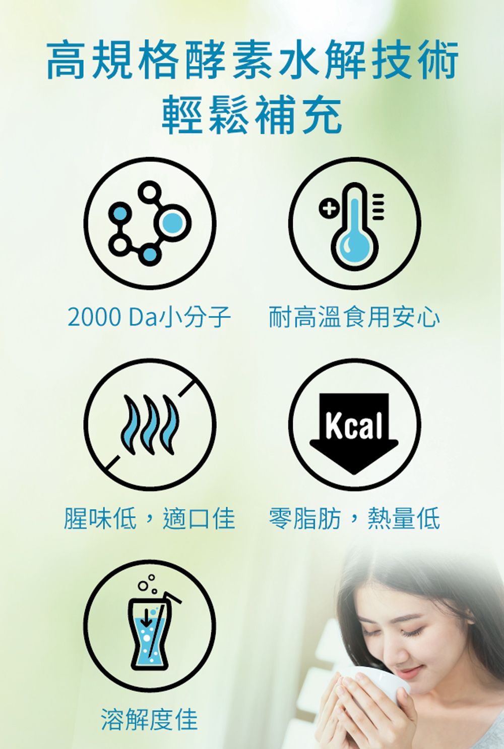 高規格酵素水解技術輕鬆補充2000 Da分子 耐高溫食用安心Kcal腥味低,適口佳 零脂肪,熱量低溶解度佳