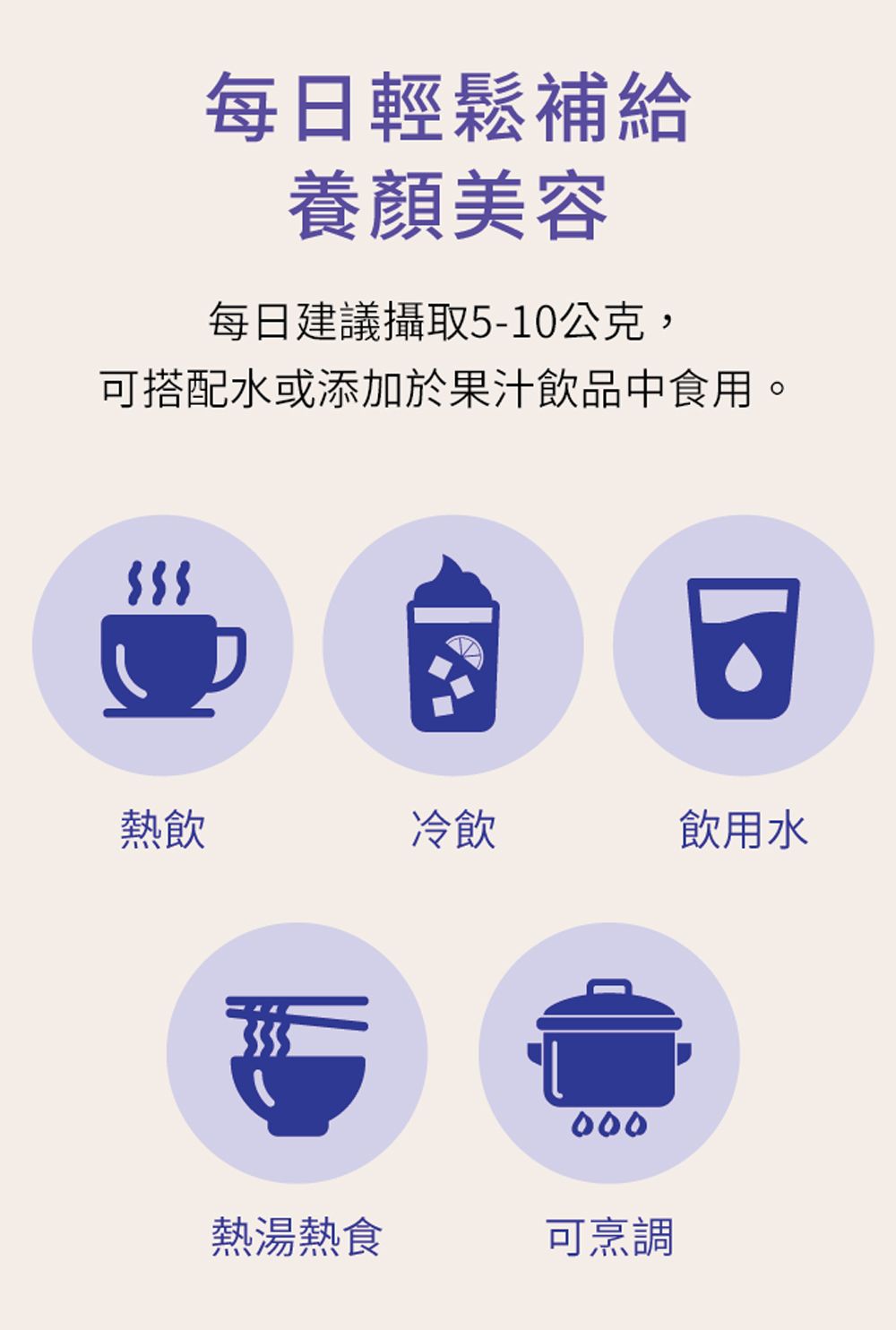 每日輕鬆補給養顏美容每日建議攝取5-10公克,可搭配水或添加於果汁飲品中食用。熱飲冷飲飲用水熱湯熱食可烹調