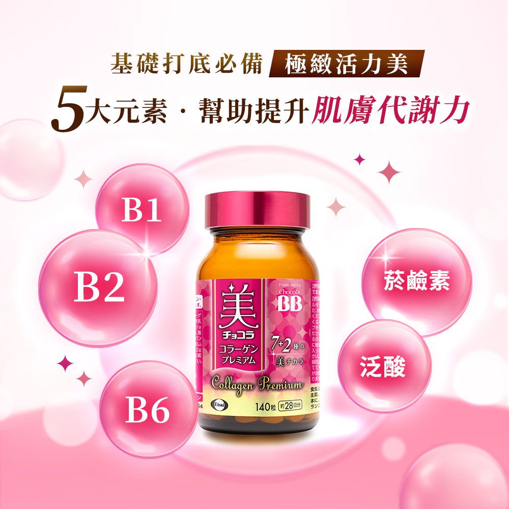 基礎打底必備 極緻活力美5大素幫助提升肌膚代謝力B2B1美チョコラ byChocolaBBB6元2プレミアム美チカラーCollagen 140 28本汇ラン菸鹼素泛酸