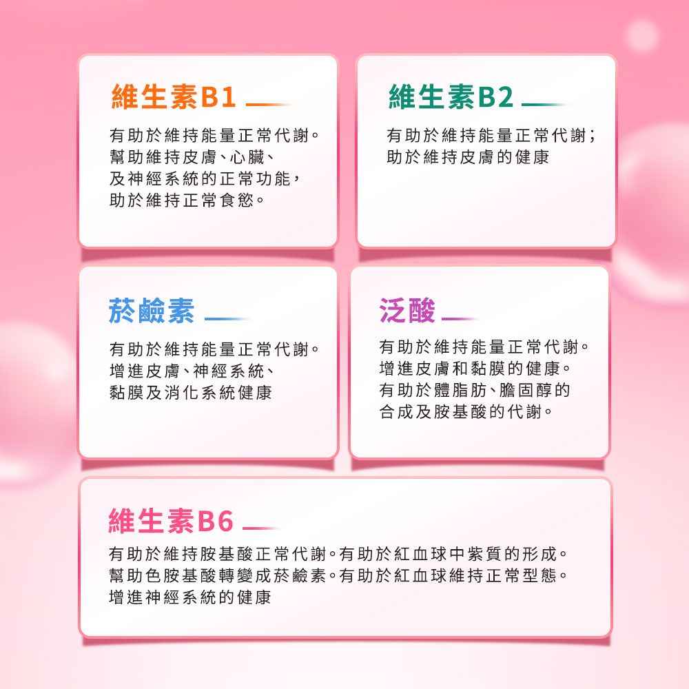維生素B1有助於維持能量正常代謝。幫助維持皮膚、心臟、及神經系統的正常功能,助於維持正常食慾。維生素B2.有助於維持能量正常代謝;助於維持皮膚的健康菸鹼素有助於維持能量正常代謝。增進皮膚、神經系統、黏膜及消化系統健康泛酸有助於維持能量正常代謝。增進皮膚和黏膜的健康。有助於體脂肪、膽固醇的合成及胺基酸的代謝。維生素B6有助於維持胺基酸正常代謝。有助於紅血球中紫質的形成。幫助色胺基酸轉變成菸鹼素。有助於紅血球維持正常型態。增進神經系統的健康