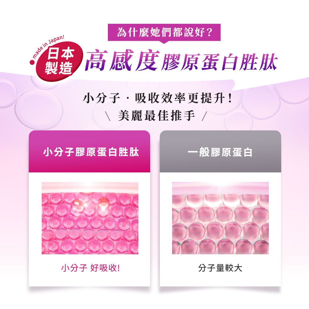 made in 日本製造為什麼她們都說好?高感度膠原蛋白胜肽小分子吸收效率更提升! 美麗最佳推手/小分子膠原蛋白胜肽一般膠原蛋白小分子 好吸收!分子量較大