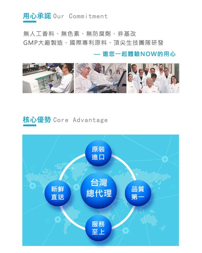 用心承諾 Our Commitment無人工香料無色素、無防腐劑、非基改GMP大廠製造、國際專利原料、頂尖生技團隊研發- 邀您一起體驗NOW的用心核心優勢 Core Advantage原裝進口台灣新鮮品質直送總代理第一服務至上
