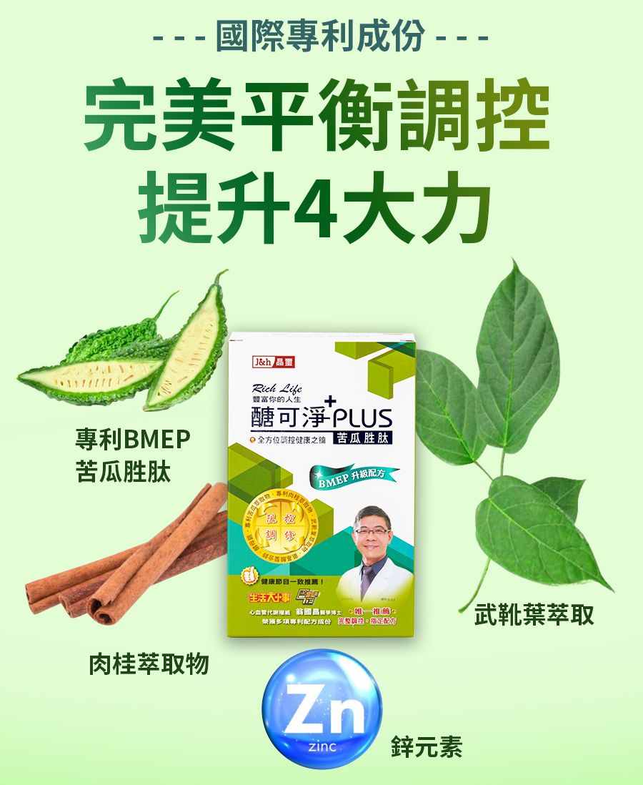 - 國際專成份---完美平衡提升4大力專利BME苦瓜胜肽萃取物J&  Life豐富你的人生 +醣可淨PLUSP調控健康之镇 苦瓜胜肽|利肉桂調BMEP 升級「健康節目一致推薦!生活心血管   推薦猴多項專利方 配武靴葉萃取Znzinc鋅元素