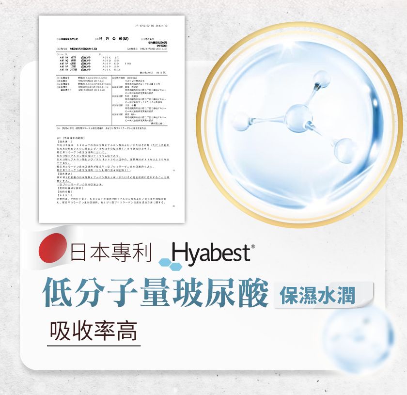 アルンロまたする。コラーゲンコラーゲンに関する。日本專利 Hyabest低分子量玻尿酸 保温水潤吸収率高