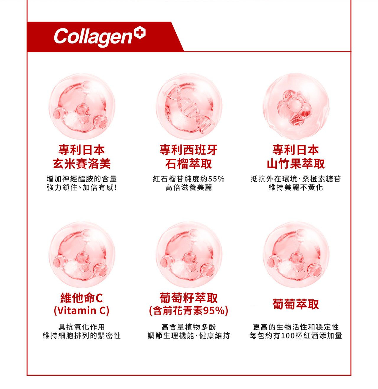Collagen專利日本玄米賽洛美專利西班牙石榴萃取專利日本山竹果萃取增加神經醯胺的含量強力鎖住、加倍有感!紅石榴苷純度約55%高倍滋養美麗抵抗外在環境·桑橙素糖苷維持美麗不黃化維他命C(Vitamin C)具抗氧化作用維持細胞排列的緊密性葡萄籽萃取(含前花青素95%)高含量植物多酚調節生理機能·健康維持葡萄萃取更高的生物活性和穩定性每包約有100杯紅酒添加量