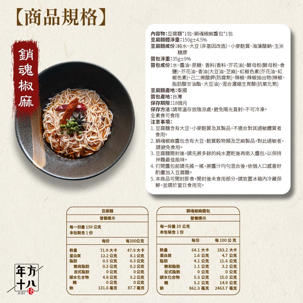 【商品規格】內容物:豆腐麵*1包包*1包豆腐麵體淨重:150g±4.5%銷魂椒麻豆腐麵成份:純水、大豆(非基因改造)、小麥質、海藻酸鈉、玉米糖膠包淨重:35g±9%包成份:水、醬油、蔗糖、香料(香料、芥花油)、酵母粉(酵母粉、食鹽)、芥花油、香油(大豆油、芝麻)、紅椒色素(芥花油、紅椒色素、己二烯酸鉀(防腐劑)、辣椒、辣椒抽出物(辣椒、脂肪酸甘油酯、大豆油)、混合濃縮生育醇(抗氧化劑)豆腐麵產地:泰國醬包產地:台灣保存期限:18個月保存法:請常溫存放陰涼處,避免陽光直射,不可冷凍。全素食可食用注意事項:1. 豆腐麵含有大豆、小麥麩質及其製品,不適合過敏體質者食用。2. 銷魂椒麻醬包含有大豆、麩質穀物類及芝麻製品,對此過敏者,請避免食用。3. 豆腐麵開封後,請先將多餘的純水瀝乾後再倒入醬包,以保持拌麵最佳風味。4. 打開醬包前請先搖一搖,將醬汁均勻混合後,依個人口感喜好酌量加入豆腐麵。5. 本商品可開封即食,開封後未食用部分,請放置冰箱冷藏保鮮,並請於當日食用完。每一份量150公克本包裝含1份豆腐麵營養標示銷魂椒麻醬包營養標示每一份量35公克本包裝含1份每份每100公克每份每100公克熱量71.9大卡47.9大卡熱量64.1 大卡183.2大卡蛋白質12.2公克8.1公克蛋白質1.6公克4.7公克脂肪0.5公克0.3公克脂肪4.1 公克方飽和脂肪0.3公克0.2公克十八JUS反式脂肪碳水化合物糖0公克0公克4.8公克0公克3.2公克0公克飽和脂肪反式脂肪碳水化合物1.1公克0公克11.6公克3.2公克0公克5.3公克15.0公克糖5.2公克14.9公克鈉131.6毫克87.7毫克鈉862.3毫克2463.7毫克