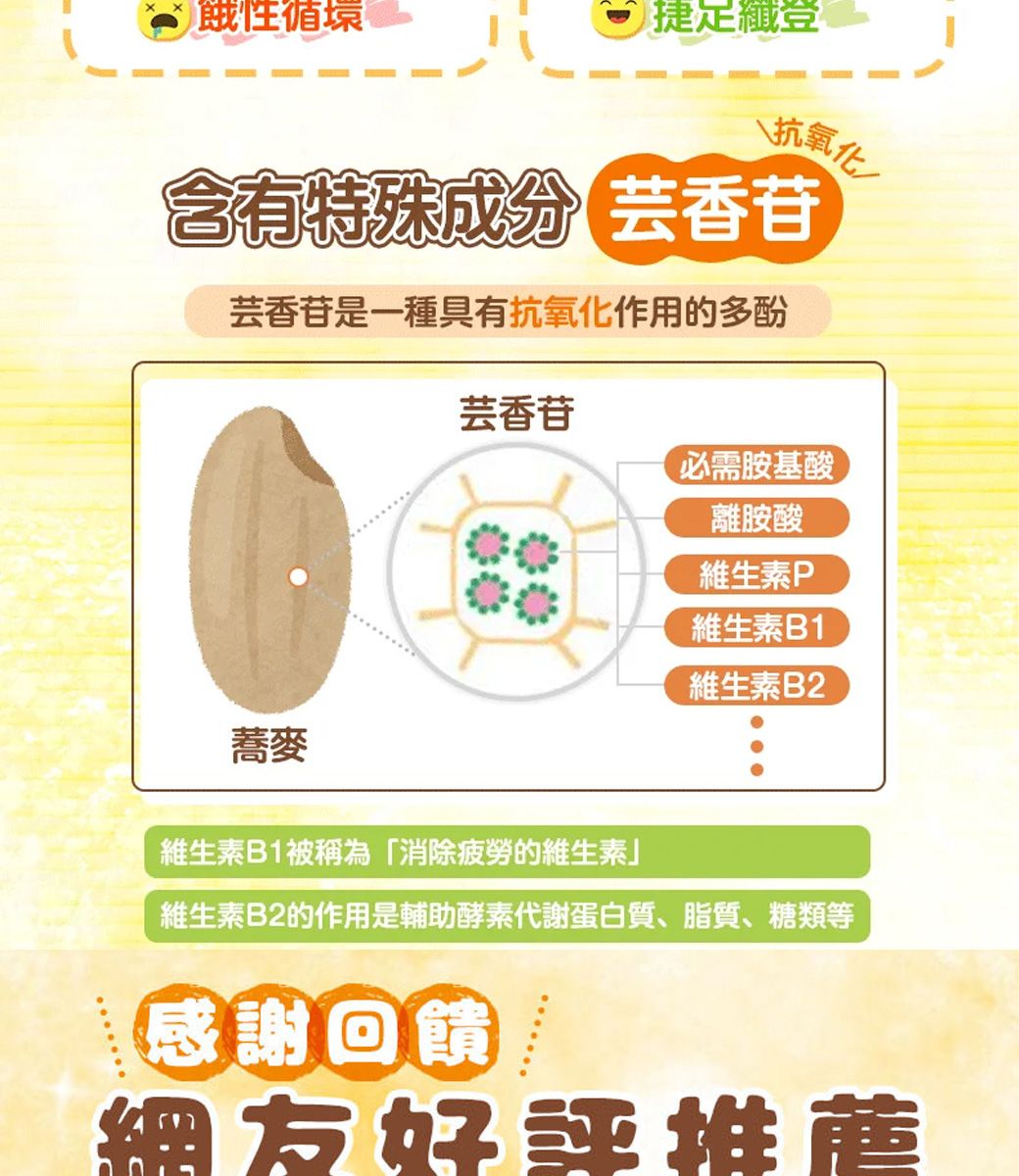 餓性循環捷纖抗氧含有特殊成分芸香苷芸香苷是一種具有抗氧化作用的多酚芸香苷必需胺基酸離胺酸維生素P維生素B1維生素B2蕎麥維生素B1被稱為「消除疲勞的維生素維生素B2的作用是輔助酵素代謝蛋白質、脂質、糖類等感謝回饋網友好評推薦
