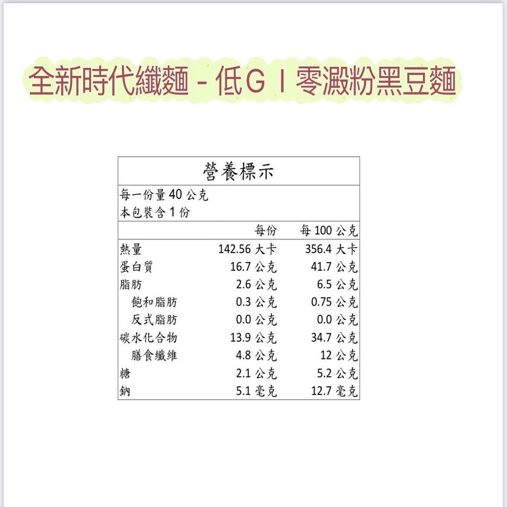 全新時代纖麵-低GI零澱粉黑豆麵營養標示每一份量40公克本包裝含1份每份每100公克熱量142.56 大卡356.4大卡蛋白質16.7公克41.7公克脂肪2.6公克6.5公克飽和脂肪0.3 公克0.75公克反式脂肪0.0公克0.0公克碳水化合物13.9公克34.7公克膳食纖維4.8公克12公克糖2.1 公克5.2公克鈉5.1毫克12.7 毫克