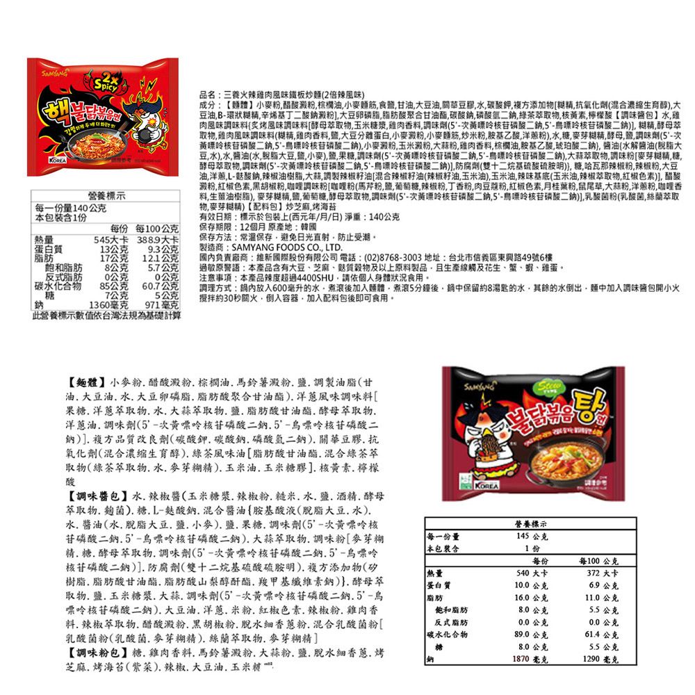 Spicy品名:三養火辣雞肉風味鐵板炒(2倍辣風味HKREA하게 每一份量140公克成分:【麵體小麥醋酸棕櫚油小麥麵筋食甘油豆油關豆膠碳酸鉀複方添加物抗氧化劑(混合濃縮生育大豆油B-環狀糊辛烯基丁二酸澱粉大豆卵磷脂脂肪酸聚合甘油酯碳酸鈉磷酸二鈉綠茶物核黃素檸檬酸【調味包雞肉風味調味炙烤風味調味料酵母萃取物玉米漿雞肉香料調味劑(5-次黃嘌呤核苷磷酸二鈉核苷磷酸二鈉)]糊精酵母萃取物雞肉風味調味料(糊精雞肉香料大豆分雞蛋白小麥澱粉小麥麵筋炒胺基乙酸粉)糖,麥芽糊精,酵母,調味劑(5-次黃嘌呤核苷磷酸二鈉鳥嘌呤核苷磷酸二鈉),小麥澱粉,玉米澱粉,粉,雞肉香料,棕櫚油,胺基乙酸,琥珀酸二鈉),{解醬油(大豆),水,醬油(水,脫脂大豆,,小麥),,果糖調味劑(5-次黃嘌呤核苷磷酸二鈉鳥嘌呤核苷磷酸二鈉),大蒜萃取物,調味粉麥芽糊精,糖,酵母萃取物,調味劑(5-次黃嘌呤核苷磷酸二鈉鳥嘌呤核苷磷酸二鈉)],防腐劑(雙十二烷基硫胺明),糖,哈瓦那辣椒粉,辣椒粉,大豆油,洋蔥,酸鈉,辣椒油樹脂,大蒜,調製辣椒籽油[混合辣椒籽油(辣椒籽油,玉米油),玉米油,辣味基底(玉米油,辣椒萃取物,紅椒色素)], 醋酸澱粉,紅椒色素,黑胡椒粉,咖哩調味粉[咖喱粉(馬芹粉,,葡萄糖,辣椒粉,丁香粉,肉豆蔻粉,紅椒色素,月桂葉粉,鼠尾草,大蒜粉,洋蔥粉,咖哩香料,生薑油樹脂), 麥芽糊精,,葡萄糖,酵母萃取物,調味劑(5-次黃嘌呤核苷磷酸二鈉5-鳥嘌呤核苷磷酸二鈉)],乳酸菌粉(乳酸菌,絲蘭萃取物,麥芽糊精)【配料包炒芝麻,烤海苔有效日期:標示於包裝上(西元年/月/日)淨重:140公克營養標示本包裝含1份每份 每100公克保存期限:12個月 原產地:韓國熱量545大卡 3889大卡保存方法:常溫保存,避免日光直射,防止受潮。蛋白13公克93公克製造商: FOODS CO, LTD脂肪17公克121公克飽和脂肪8公克57公克反式脂肪公克0公克85公克607公克糖7公克5公克負責廠商:國際股份有限公司電話:(02)8768-3003 地址:台北市信義區東興路49號6樓過敏原警語:本產品含有大豆芝麻質穀物及以上原料製品,且生產線觸及花生蟹蝦雞蛋。注意事項:本產品辣度超過4400SHU,請依個人身體狀況食用。調理方式:鍋內放入600毫升的水,後加入麵體,煮滾5分鐘後,保留約8湯匙的水,其餘的水倒出,麵中加入調味包開小火攪拌約30秒關火,倒入容器,加入配料包後即可食用。鈉971毫克此營養標示數值依台灣法規為基礎計算1360毫克【麵體小麥粉,醋酸澱粉棕櫚油馬鈴薯澱粉鹽調製油脂(甘油大豆油 水 大豆卵磷脂脂肪酸聚合甘油酯)洋蔥風味調味料[果糖 洋蔥萃取物水大蒜萃取物鹽脂肪酸甘油酯酵母萃取物洋蔥油調味劑(5-次黃嘌呤核苷磷酸二鈉鳥嘌呤核苷磷酸二鈉)]複方品質改良劑(碳酸鉀,碳酸鈉磷酸氫二鈉)關華豆膠抗氧化劑(混合濃縮生育醇),綠茶風味油[脂肪酸甘油酯混合綠茶萃取物(綠茶萃取物水麥芽糊精)玉米油玉米糖膠]核黃素 檸檬酸【調味醬包水 辣椒醬(玉米糖漿辣椒粉糙米水鹽  酵母萃取物麴菌)糖L-酸鈉.混合醬油{胺基酸液(脫脂大豆.水).水. 醬油(水. 脫脂大豆鹽,小麥)鹽果糖調味劑(5-次黃嘌呤核苷磷酸二鈉.5-鳥嘌呤核苷磷酸二鈉).大蒜萃取物.調味粉[麥芽糊精. 糖. 酵母萃取物.調味劑(5-次黃嘌呤核苷磷酸二鈉.5-鳥嘌呤核苷磷酸二鈉)].防腐劑(雙十二烷基硫酸硫胺明)複方添加物(矽樹脂. 脂肪酸甘油酯,脂肪酸山梨醇酐酯.羧甲基纖維素鈉)}.酵母萃取物. 鹽. 玉米糖漿.大蒜.調味劑(5-次黃嘌呤核苷磷酸二鈉.5-烏嘌呤核苷磷酸二鈉)大豆油洋蔥米粉紅椒色素.辣椒粉. 雞肉香料. 辣椒萃取物.醋酸澱粉黑胡椒粉脫水香蔥粉.混合乳酸菌粉[乳酸菌粉(乳酸菌,麥芽糊精).絲蘭萃取物麥芽糊精]【調味粉包】糖.雞肉香料.馬鈴薯澱粉.大蒜粉、鹽,脫水香蔥.烤芝麻.烤海苔(紫菜)、辣椒、大豆油、玉米每一份量本包裝含SAMYANGKOREA營養標示145 公克1份O每份[熱量蛋白質脂肪540 大卡每100公克372 大卡10.0 公克6.9公克16.0 公克11.0 公克飽和脂肪8.0 公克5.5 公克反式脂肪0.0 公克 碳水化合物89.0 公克糖8.0 公克鈉1870 毫克0.0 公克61.4公克5.5 公克1290 毫克