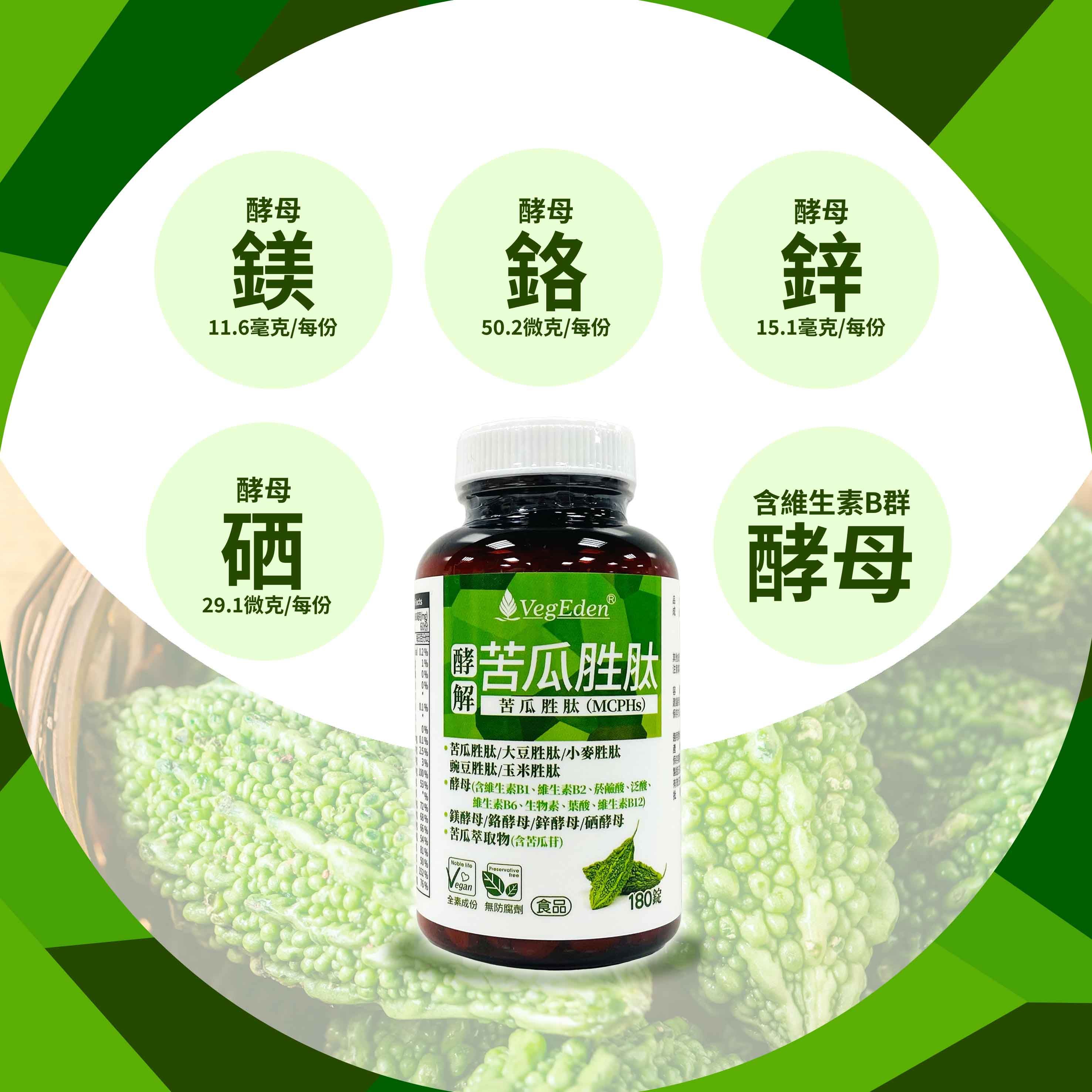 酵母鎂酵母.6毫克每份5微克/每份酵母鋅15.1毫克/每份酵母硒29.1微克/每份0.2VegEden苦瓜胜肽1解10 苦瓜胜肽 (MCPHs)苦瓜胜肽 大豆胜肽/小麥胜肽3 豌豆胜肽/玉米胜肽酵母(含維生素1維生素B2、菸鹼酸、泛酸、維生素B6、生物素、葉酸、維生素B12)鎂酵母/鉻酵母/鋅酵母硒酵母苦瓜萃取物(含苦瓜苷)含維生素B群酵母BNoble Preservativefree%egan全素成份 無防腐劑食品180