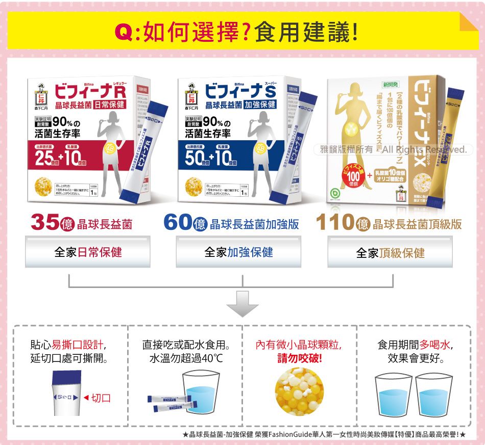 Q如何選擇?食用建議!南ビフィーナS森下仁丹晶球長益菌 咖強保健| % 0耐胃酸活菌生存率50ABBifina森下仁丹晶球長益菌 保健耐胃酸: 0%の活菌生存率5方お召し上がりください。新開929 ビフィーナ X雅版權所有 Rights .0乳酸菌10オリゴ糖配合35 晶球長益菌全家日常保健60 晶球長益菌加強版 110億 晶球長益菌頂級版全家加強保健全家頂級保健貼心易撕口設計,延切口處可撕開。直接吃或配水食用。水溫勿超過40℃內有微小晶球顆粒,請勿咬破!食用期間多喝水,效果會更好。切口晶球長益菌-加強保健 榮獲FashionGuide華人第一女性時尚美妝傳媒特優】商品最高榮譽!★