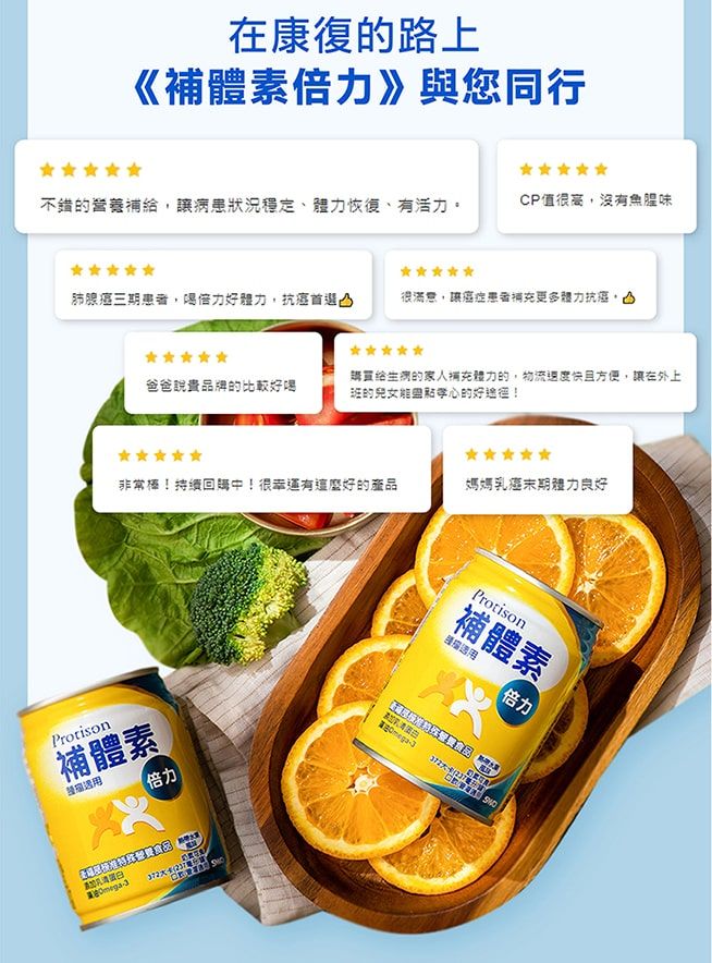 在康復的路《補體素》與您同行不錯的營養補給讓病患狀況穩定、體力恢復、有活力。CP值很高沒有魚腥味肺腺癌三期患者,倍力體力,抗癌首選很滿意,讓癌症患者更多體力抗癌,爸爸說品牌的比較好喝的家人補充體力的,物流速度快且方便,讓在外上班的的好!非常棒!持續回購中!很幸運有這麼好的產品媽媽乳癌末期體力良好Protison補體素倍力 -3Protison補體素倍力