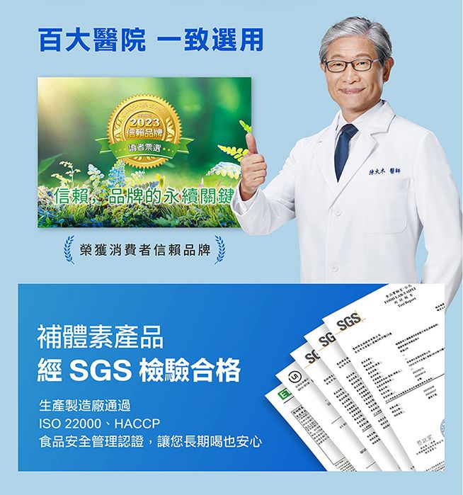 百醫院 一致選用2023信赖品牌票選陳大 醫師信賴品牌的永續關鍵榮獲消費者信賴品牌補體素產品生產製造廠通過 SGS 檢驗合格SGSSGISO 22000、HACCP食品安全管理認證,讓您長期喝也安心