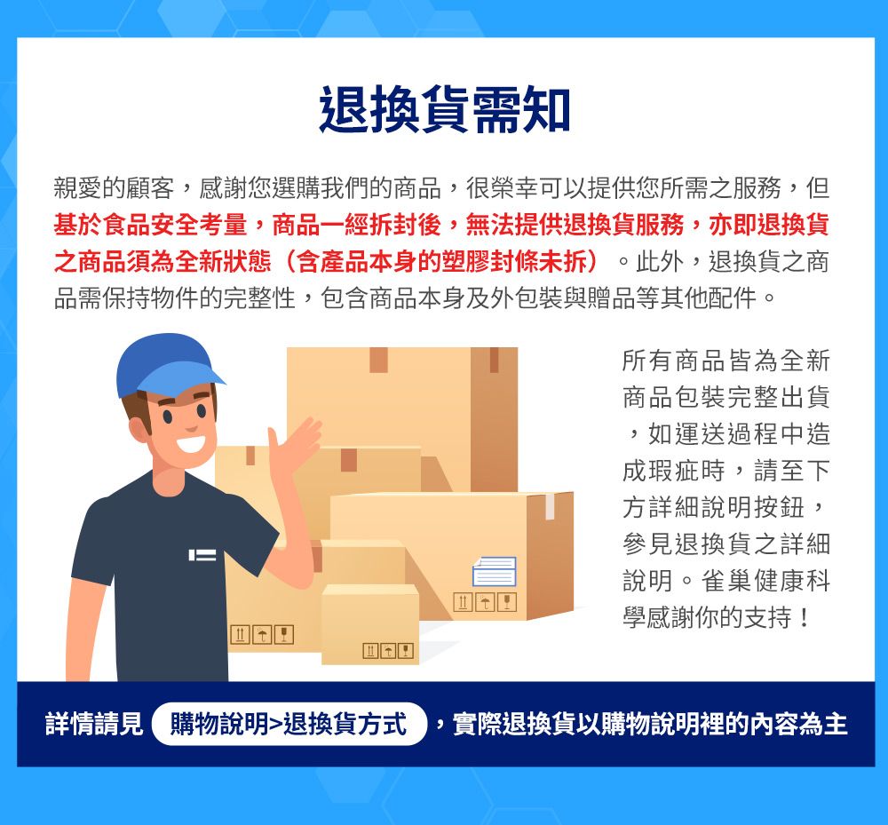 退換貨需知親愛的顧客,感謝您選購我們的商品,很榮幸可以提供您所需之服務,但基於食品安全考量,商品一經拆封後,無法提供退換貨服務,亦即退換貨之商品須為全新狀態含產品本身的塑膠封條未拆)。此外,退換貨之商品需保持物件的完整性,包含商品本身及外包裝與贈品等其他配件。所有商品皆為全新商品包裝完整出貨如運送過程中造成瑕疵時,請至下方詳細說明按鈕,參見退換貨之詳細說明。雀巢健康科學感謝你的支持!詳情請見(購物說明退換貨方式 ,實際退換貨以購物說明裡的內容為主