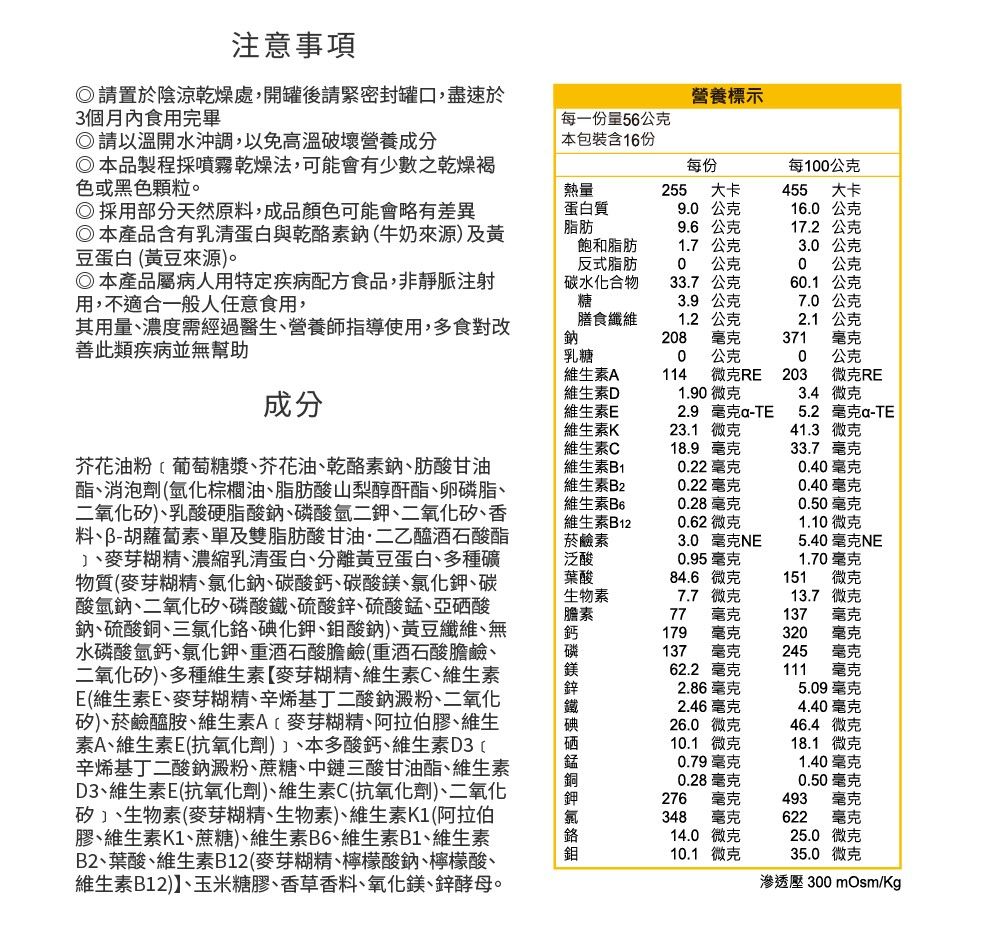 營養標示每一份量56公克本包裝含16份每份每1公克熱量蛋白質脂肪255大卡455大卡9.0公克16.0 公克9.6公克17.2公克飽和脂肪1.7公克3.0公克反式脂肪碳水化合物糖0公克0公克33.7公克60.1 公克3.9公克7.0 公克膳食纖維1.2公克2.1 公克鈉乳糖208371毫克0公克0公克維生素A維生素D114微克RE203微克RE1.90微克3.4 微克維生素E2.9 毫克-TE5.2毫克-TE維生素K23.1微克41.3 微克維生素C18.9 毫克33.7 毫克維生素B10.22毫克0.40毫克0.22 毫克0.40毫克0.28毫克0.50毫克0.62微克1.10微克3.0毫克5.40毫克NE0.95 毫克1.70毫克84.6微克151微克7.7微克13.7微克77毫克137毫克179毫克320毫克137毫克245毫克62.2毫克111毫克2.86毫克5.09 毫克2.46毫克4.40毫克26.0 微克46.4微克10.1 微克18.1 微克注意事項請置於陰涼乾燥處,開罐後請緊密封罐口,盡速於3個月內食用完畢◎請以溫開水沖調,以免高溫破壞營養成分◎本品製程採噴霧乾燥法,可能會有少數之乾燥褐色或黑色顆粒。◎ 採用部分天然原料,成品顏色可能會略有差異◎本產品含有乳清蛋白與乾酪素鈉牛奶來源及黃豆蛋白(黃豆來源。◎本產品屬病人用特定疾病配方食品,非靜脈注射用,不適合一般人任意食用,其用量濃度需經過醫生營養師指導使用,多食對改善此類疾病並無幫助成分芥花油粉葡萄糖漿芥花油乾酪素鈉、肪酸甘油酯、消泡劑(氫化棕櫚油、脂肪酸山梨醇酐酯、卵磷脂、二氧化矽)、乳酸硬脂酸鈉、磷酸氫二鉀、二氧化矽、料、胡蘿蔔素、單及雙脂肪酸甘油·二乙醯酒石酸酯、麥芽糊精、濃縮乳清蛋白、分離黃豆蛋白、多種礦物質(麥芽糊精、氯化鈉、碳酸鈣、碳酸鎂、氯化鉀、碳酸氫鈉、二氧化矽、磷酸鐵、硫酸鋅、硫酸錳、亞硒酸鈉、硫酸銅、三氯化、碘化鉀、鉬酸鈉)、黃豆纖維、無水磷酸氫鈣、氯化鉀、重酒石酸膽鹼(重酒石酸膽鹼、二氧化矽)、多種維生素麥芽糊精、維生素C、維生素E(維生素E、麥芽糊精、辛烯基丁二酸鈉澱粉、二氧化矽)、菸鹼醯胺、維生素A(麥芽糊精、阿拉伯膠、維生素A、維生素E(抗氧化劑)、本多酸鈣、維生素辛烯基丁二酸鈉澱粉、蔗糖、中鏈三酸甘油酯、維生素D3、維生素E(抗氧化劑)、維生素C(抗氧化劑)、二氧化矽]、生物素(麥芽糊精、生物素)、維生素K1(阿拉伯膠、維生素K1、蔗糖)、維生素B6、維生素B1、維生素B2、葉酸、維生素B12(麥芽糊精、檸檬酸鈉、檸檬酸、、維生素B12)、玉米糖膠、香草香料、氧化鎂、鋅酵母。維生素B2維生素B6維生素B12菸鹼素泛酸葉酸生物素膽素0.79 毫克0.28毫克276毫克348毫克14.0 微克1.40毫克0.50毫克493622毫克毫克25.0 微克鉬10.1微克35.0 微克滲透壓 300mOsm/Kg