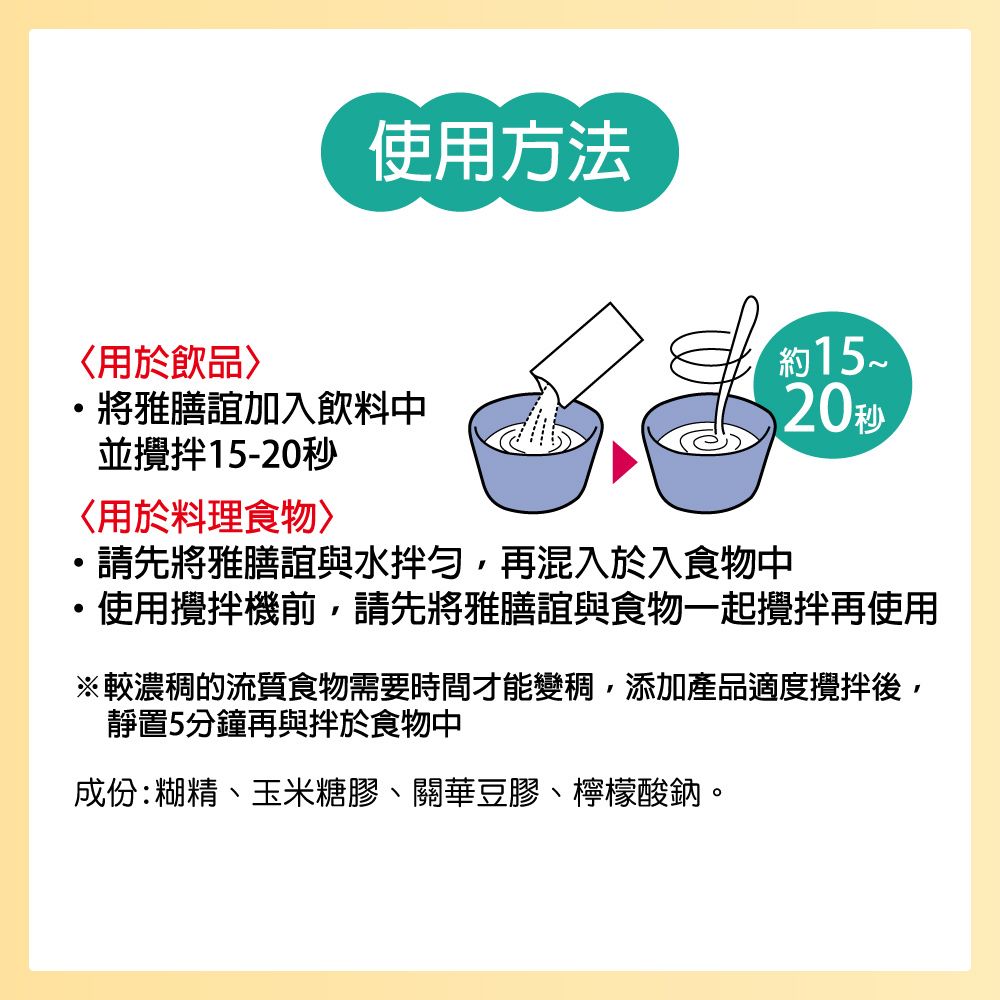 使用方法用於飲品將雅膳誼加入飲料中並攪拌15-20秒用於料理食物請先將雅膳誼與水拌勻,再混入於入食物中約15~20秒使用攪拌機前,請先將雅膳誼與食物一起攪拌再使用※較濃稠的流質食物需要時間才能變稠,添加產品適度攪拌後,靜置5分鐘再與拌於食物中成份:糊精、玉米糖膠、關華豆膠、檸檬酸鈉。