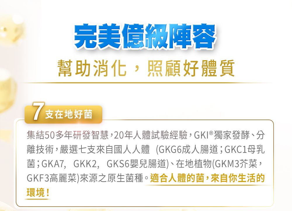 完美億級陣容幫助消化,照顧好體質7支在地好菌集結50多年研發智慧,20年人體試驗經驗,GKI®獨家發酵、分離技術,嚴選七支來自國人人體(GKG6成人腸道;GKC1母乳菌;GKA7,GKK2,GKS6嬰兒腸道)、在地植物(GKM3芥菜,GKF3高麗菜)來源之原生菌種。適合人體的菌,來自你生活的環境!