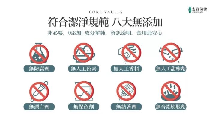 CORE VAULES符合潔淨規範八大無添加非必要0添加! 成分單純,資訊透明,食用最安心吉品保健無防腐劑無人工色素 無人工香料無人工甜味劑無漂白劑無保色劑無結著劑無含鋁膨脹劑