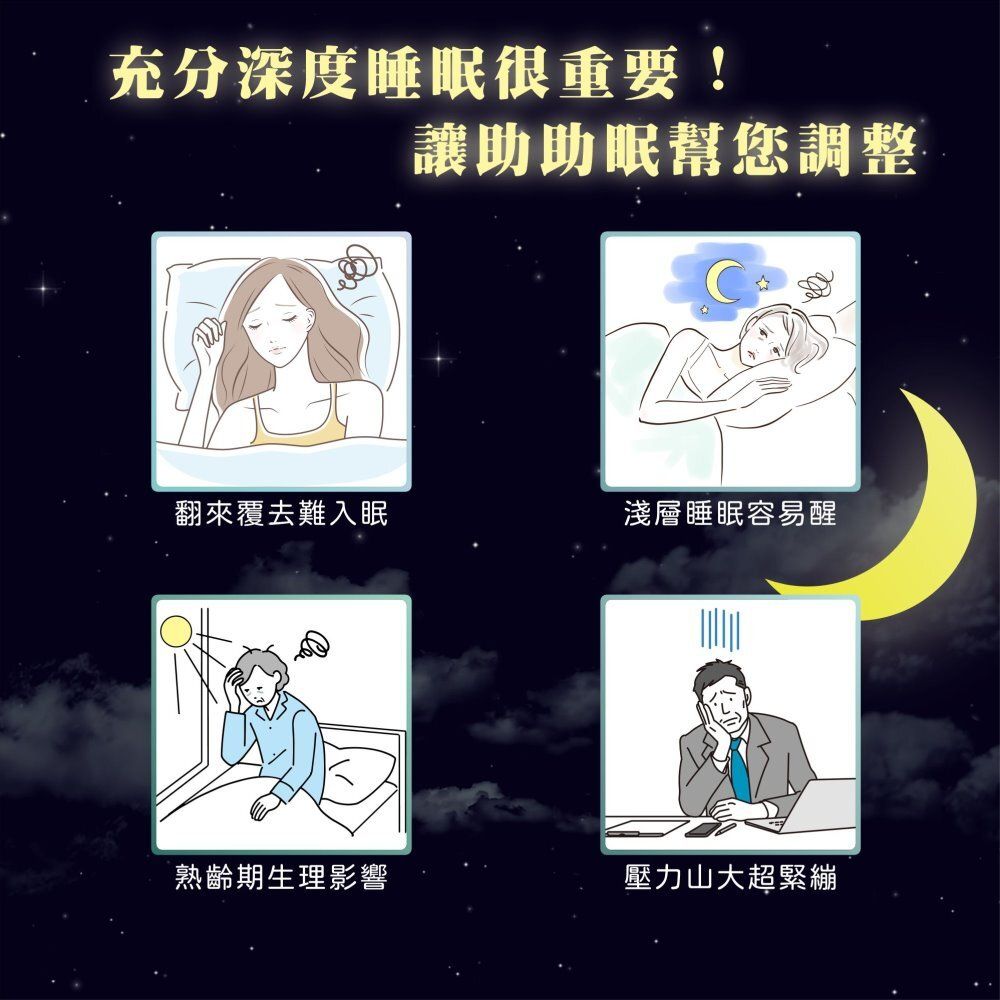 充分深度睡眠很重要!讓助助眠幫您調整翻來覆去難入眠淺層睡眠容易醒熟齡期生理影響壓力山大超緊繃