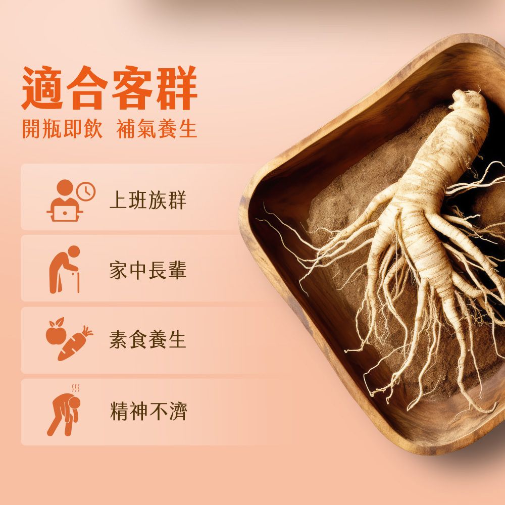 適合客群開瓶即飲 補氣養生上班族群家中長輩素食養生精神不濟