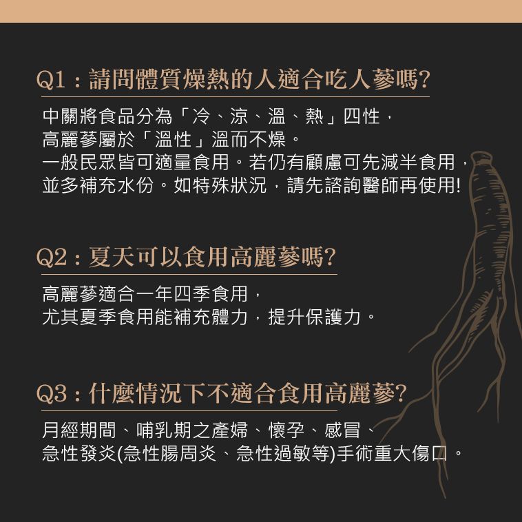 Q1: 請問體質燥熱的人適合吃人嗎?中關將食品分為「冷、涼、溫、熱」四性,高麗蔘屬於「溫性」溫而不燥。一般民眾皆可適量食用。若仍有顧慮可先減半食用,並多補充水份。如特殊狀況,請先諮詢醫師再使用!Q2:夏天可以食用高麗蔘嗎?高麗蔘適合一年四季食用,尤其夏季食用能補充體力,提升保護力。Q3 : 什麼情況下不適合食用高麗蔘?月經期間、哺乳期之產婦、懷孕、感冒急性發炎(急性腸周炎、急性過敏等)手術重大傷口。