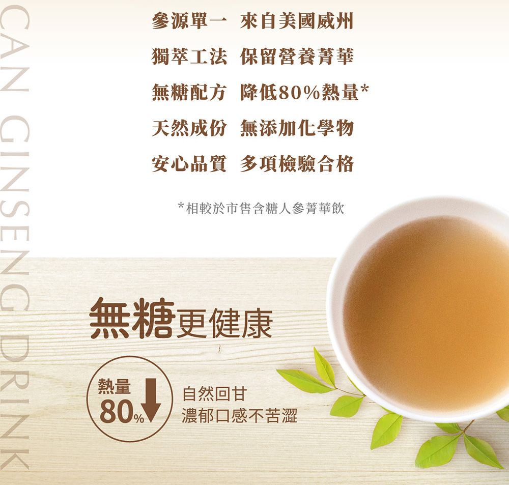 CAN GINSENG DRINK源單一來自美國威州獨萃工法 保留營養菁華無糖配方 降低80%熱量*天然成份 無添加化學物安心品質 多項檢驗合格*相較於市售含糖人參菁華飲無糖更健康熱量自然回甘80% 濃郁口感不苦澀