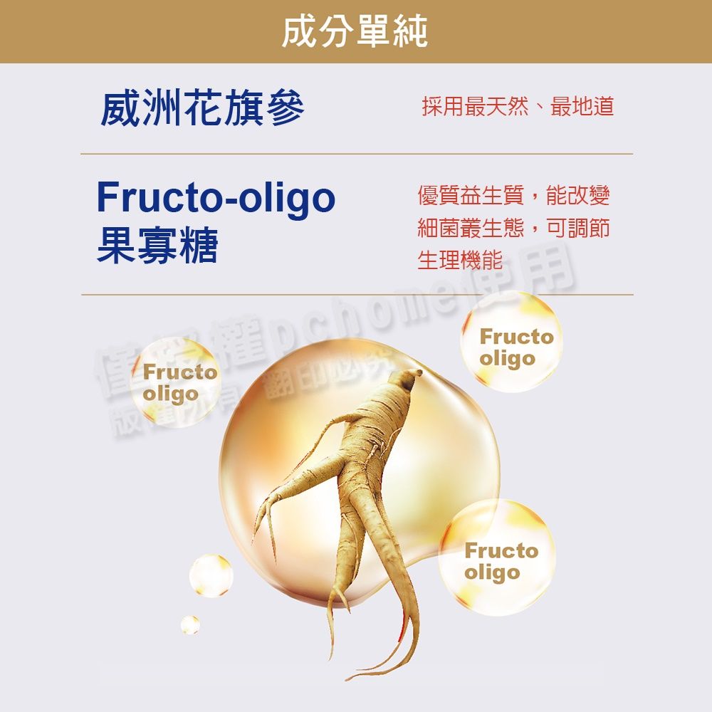 成分單純威洲花旗參採用最天然、最地道Fructo-oligo果寡糖優質益生質,能改變細菌叢生態,可調節生理機能FructooligoFructooligoFructooligo