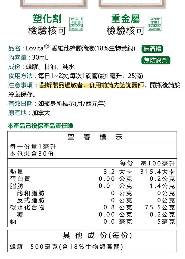 塑化劑3rd PARTY重金屬TESTEDPLASTICIZER檢驗核可GUARANTEED檢驗核可3rd PARTYTESTEDHEAVY GUARANTEED品名:Lovita  愛維他蜂膠滴液(18%生物黃銅) 酒精內容量:mL成份:蜂膠、甘油、純水食用方法:每日1~2次,每次1滴管(約1毫升,25滴)無防腐劑注意事項:對蜂製品過敏者,食用前請先諮詢醫師,開瓶後請於冷藏保存。有效日期:如瓶身所標示(月西元年)原產地:加拿大本產品已投保產品責任險營養標示 每一份量1毫升本包裝含30份每份每100毫升熱量3.2 大卡315.4大卡蛋白質0.00 公克0.2公克脂肪0.01 公克1.4公克飽和脂肪0 公克0公克反式脂肪0 公克0公克|碳水化合物0.8公克75.5公克糖0.00 公克0.2公克鈉0.0 毫克5毫克其他成份(每份)蜂膠 500毫克(含18%生物類黃酮)