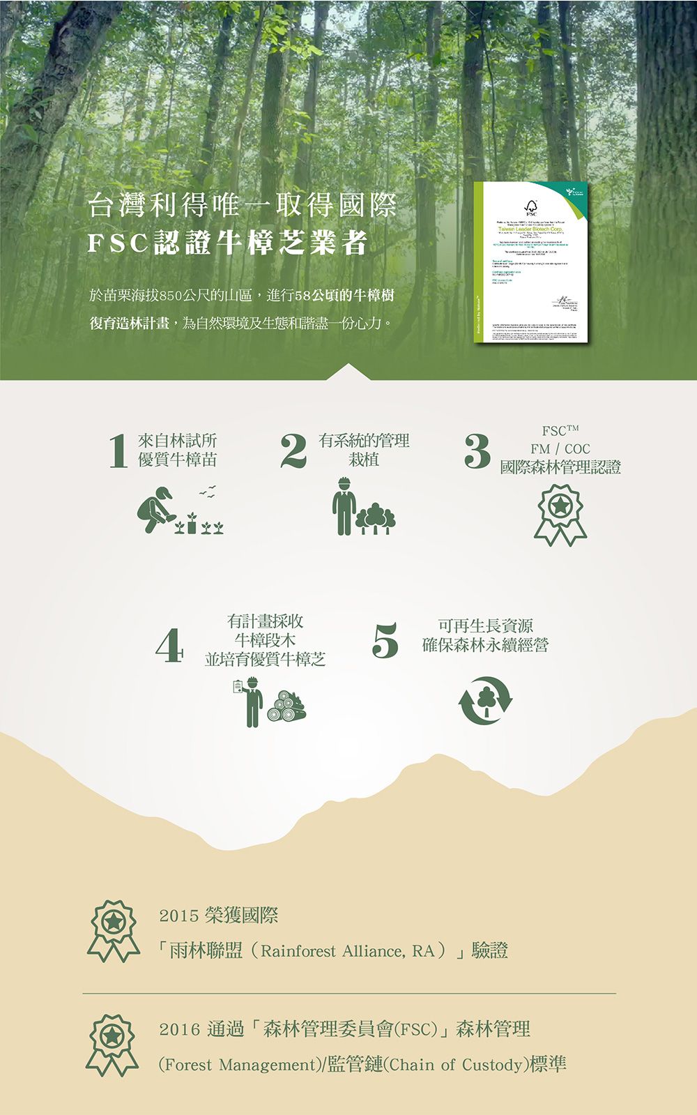 台灣利得唯一取得國際FSC認證牛樟芝業者於栗海拔850公尺的山區,進行58公頃的牛樟樹復育造林計畫,為自然環境及生態和諧盡一份心力。   來自林試所有系統的管理優質牛樟苗栽植3有計畫採收FSCTMFM / COC國際森林管理認證可再生長資源牛樟木 確保森林永續經營並培育優質牛樟芝2015 榮獲國際「雨林聯盟(Rainforest Alliance, RA)驗證2016 通過「森林管理委員會(FSC)森林管理(Forest Management)/監管鏈(Chain of Custody)標準