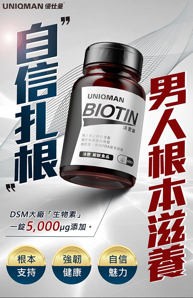 UNIQMAN 優仕曼扎根UNIQMANBIOTIN頂上濃俊俏有經美國FDA安全認證密 狀食品法密 60DSM大廠「生物素」一5,000ug添加。男人根本自信支持健康魅力
