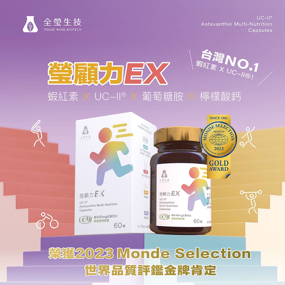 全生TRADE WIND BIOTECH瑩蝦紅素   葡萄糖胺a瑩顧力EXAstaxanthin Multi-NutritionCapsules每份足添加 授權60全技UC-Astaxanthin Multi-NutritionCapsules台灣NO1 UC-II®檸檬酸鈣MONDSINCE 1961SELECTBRUXELLES2023GOLDAWARD顧力EXUC-Astaxanthin.Multi-NutritionCapsulesUC 40mg授權60粒2023 Monde Selection「世界品質評鑑金牌肯定