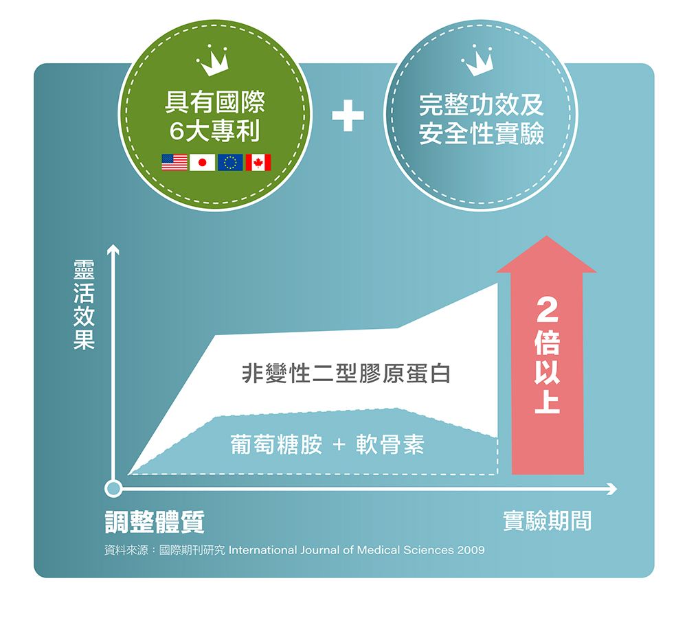 具有國際6大完整功效及安全性實驗非變性二型膠原蛋白以上葡萄糖胺+軟骨素調整體質實驗期間資料來源:國際期刊研究 International Journal of Medical Sciences 2009