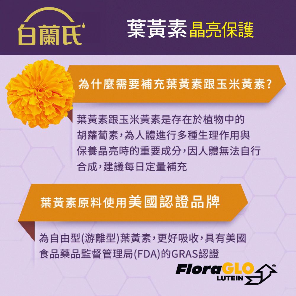白蘭氏葉黃素晶亮保護為什麼需要補充葉黃素跟玉米黃素?葉黃素跟玉米黃素是存在於植物中的胡蘿蔔素,為人體進行多種生理作用與保養晶亮時的重要成分,因人體無法自行合成,建議每日定量補充葉黃素原料使用美國認證品牌為自由型(游離型葉黃素,更好吸收,具有美國食品藥品監督管理局(FDA)的GRAS認證Flora LUTEIN