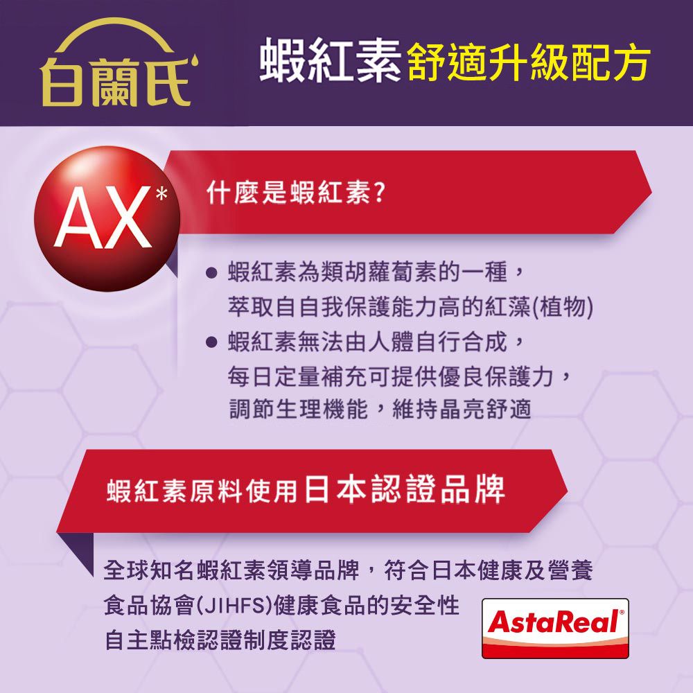 白蘭氏蝦紅素舒適升級配方AX*什麼是蝦紅素? 蝦紅素為類胡蘿蔔素的一種,萃取自自我保護能力高的紅藻(植物) 蝦紅素無法由人體自行合成,每日定量補充可提供優良保護力,調節生理機能,維持晶亮舒適蝦紅素原料使用日本認證品牌全球知名蝦紅素領導品牌,符合日本健康及營養食品協會(JIHFS)健康食品的安全性自主點檢認證制度認證AstaReal