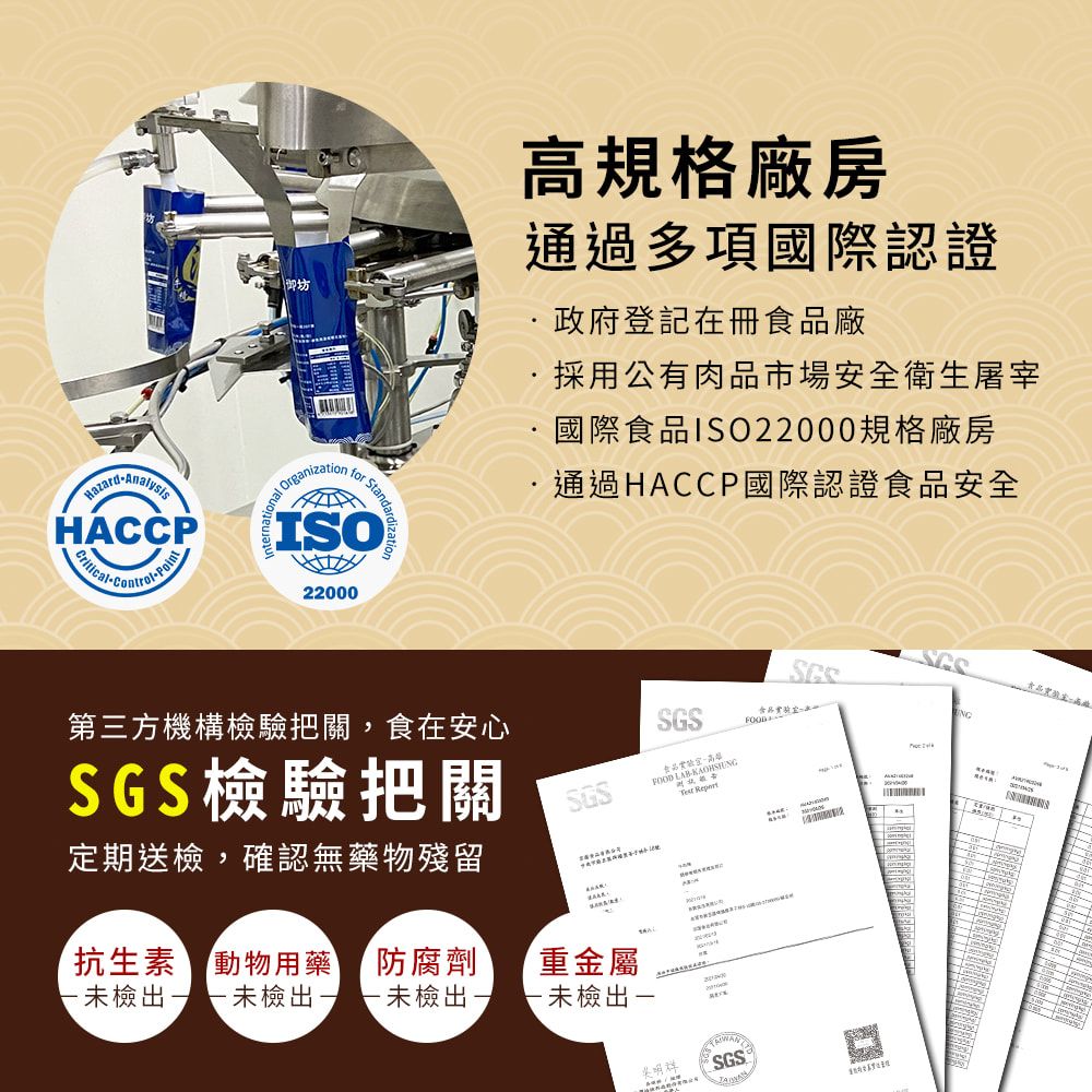 HACCPPoint御坊 StandardiISO22000規格廠房通過多項國際認證政府登記在冊廠採用公有肉品市場安全衛生屠宰國際食品ISO22000規格廠房通過HACCP國際認證食品安全第三方機構檢驗把關,食在安心NGSGS檢驗把關SGS食品高 LAB 定期送檢,確認無藥物殘留抗生素 動物用藥檢出 檢出防腐劑重金屬一未檢出-未檢出-SGS