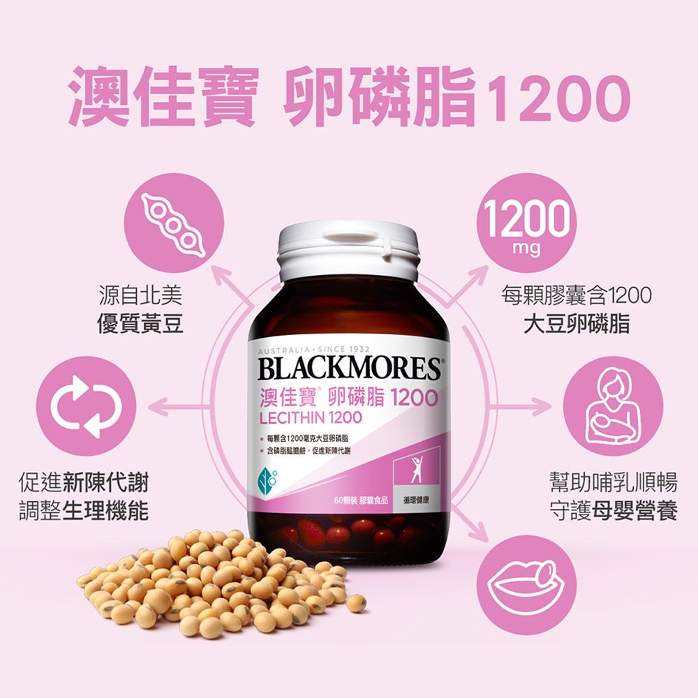 澳佳寶 卵1200源自北美優質黃豆促進新陳代謝調整生理機能CAUSTRALIA  SINCE 1932BLACKMORES澳佳寶 卵磷脂 1200LECITHIN 1200含1200毫克大豆卵磷脂含磷脂促進新陳代謝1200mg每顆膠囊含1200大豆卵磷脂幫助哺乳順暢60顆裝 膠囊食品 循環健康守護母嬰營養