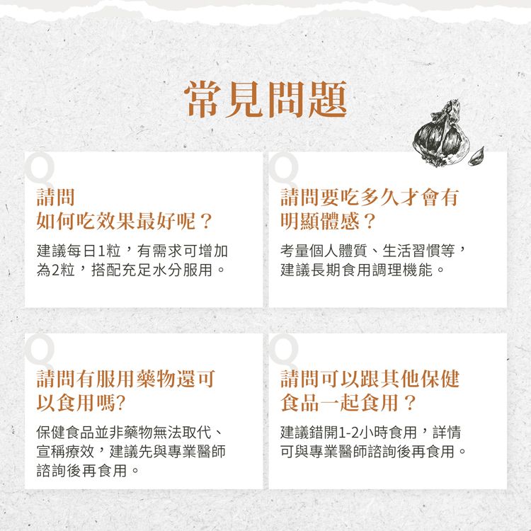 請問常見問題如何吃效果最好呢?建議每日1粒,有需求可增加為2粒,搭配充足水分服用。請問要吃多久才會有明顯體感?考量個人體質、生活習慣等,建議長期食用調理機能。請問有服用藥物還可以食用嗎?保健食品並非藥物無法取代、宣稱療效,建議先與專業醫師諮詢後再食用。請問可以跟其他保健食品一起食用?建議錯開1-2小時食用,詳情可與專業醫師諮詢後再食用。