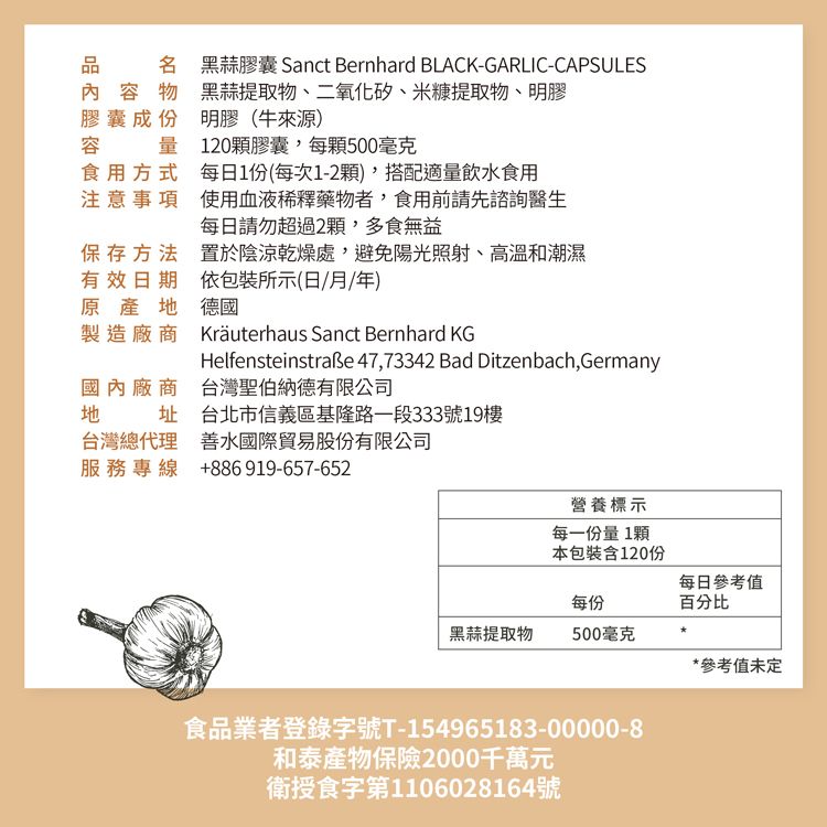 品名 黑蒜膠囊 Sanct Bernhard BLACK-GARLIC-CAPSULES內容物 黑蒜提取物、二氧化矽、米糠提取物、明膠量食用方式注意事項膠囊成份容明膠(牛來源120顆膠囊,每顆500毫克每日1份(每次1-2顆),搭配適量飲水食用使用血液稀釋藥物者,食用前請先諮詢醫生每日請勿超過2顆,多食無益保存方法有效日期原產製造廠商置於陰涼乾燥處,避免陽光照射、高溫和潮濕依包裝所示(日月/年)德國國內廠商地Kräuterhaus Sanct Bernhard KGHelfensteinstraße 47,73342 Bad Ditzenbach,Germany台灣聖伯納德有限公司址 台北市信義區基隆路一段333號19樓台灣總代理 善水國際貿易股份有限公司服務專線 +886919-657-652營養標示每一份量 1顆本包裝含120份每份每日參考值百分比黑蒜提取物500毫克*參考值未定食品業者登錄字號T-154965183-00000-8和泰產物保險2000千萬元衛授食字第1106028164號