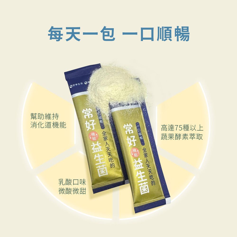 每天一包 一口順暢幫助維持消化道機能世華生技    乳酸口味微酸微甜高達75種以上蔬果酵素萃取